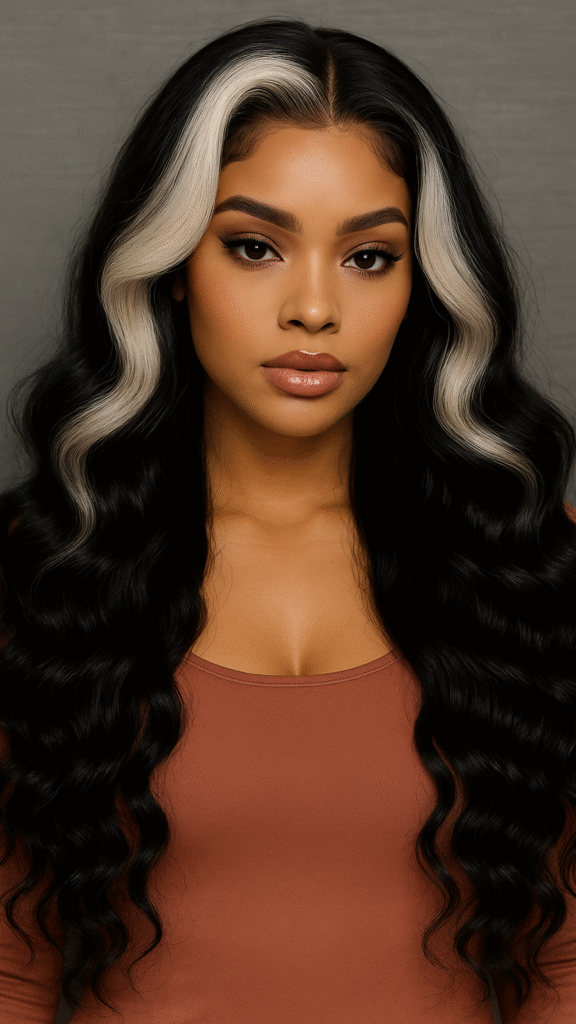AI Look — Highlight Black And White Human Hair Wigs For Women 13×4 HD Transparent Body Wave Lace Front Wigs Human Hair Free Parting Ombre Black And White Water Wave Wigs Human #1